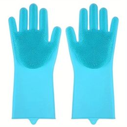 1pair Kitchen Silicone Dishwashing Gloves; Housework Cleaning Waterproof Insulation Magic Gloves; Dishwashing Brush - Sky Blue - Silica Gel