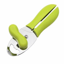 Manual Can Opener Multi-Function 4-in-1 Stainless Steel Handy Can Bottle Opener Ergonomic Anti Slip Grip Handle Kitchen Tools - green