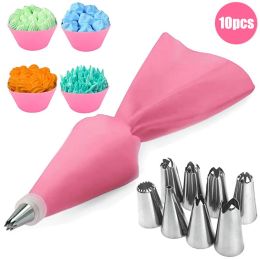 8/10/18PCS Silicone Pastry Bag Tips Kitchen Cake Icing Piping Cream Cake Decorating Tools Reusable Pastry Bags Nozzle Set - pink 1